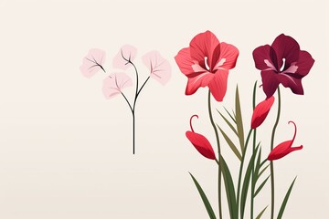 Simple plant-themed valentine card design with amaryllis and pansy flowers. Generative AI - obrazy, fototapety, plakaty