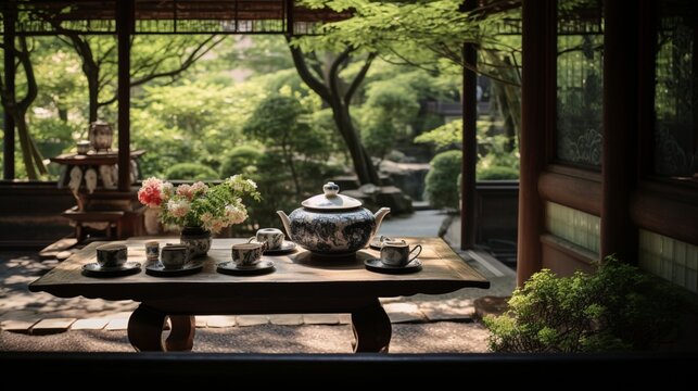 an image of a traditional teahouse in a tranquil garden, with a wooden table set for a tea ceremony, delicate porcelain teacups, and serene surroundings