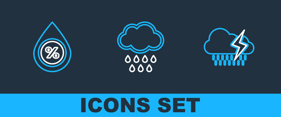 Set line Cloud with rain and lightning, Water drop percentage and icon. Vector