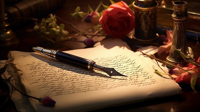 an ornate fountain pen poised above an open ledger filled with meticulous handwritten notes