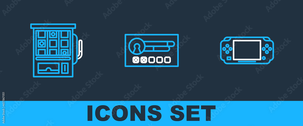 Poster set line portable video game console, slot machine and create account screen icon. vector