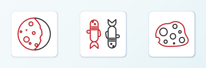 Set line Asteroid, Eclipse of the sun and Pisces zodiac icon. Vector