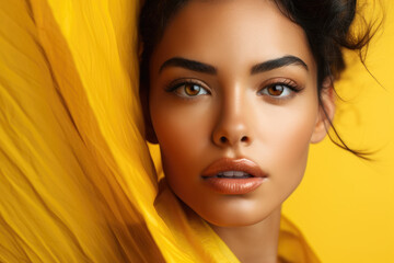 Close-up woman portrait with a mustard-colored background