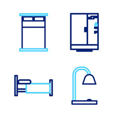Set line Table lamp, Bed, Shower cabin and Big bed icon. Vector