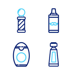 Set line Cream or lotion cosmetic tube, Bottle of shampoo, Shaving gel foam and Classic Barber shop pole icon. Vector