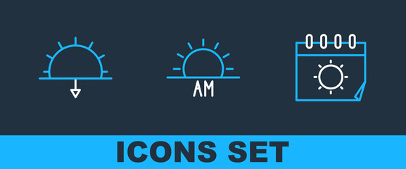 Set line Calendar and sun, Sunset and Sunrise icon. Vector