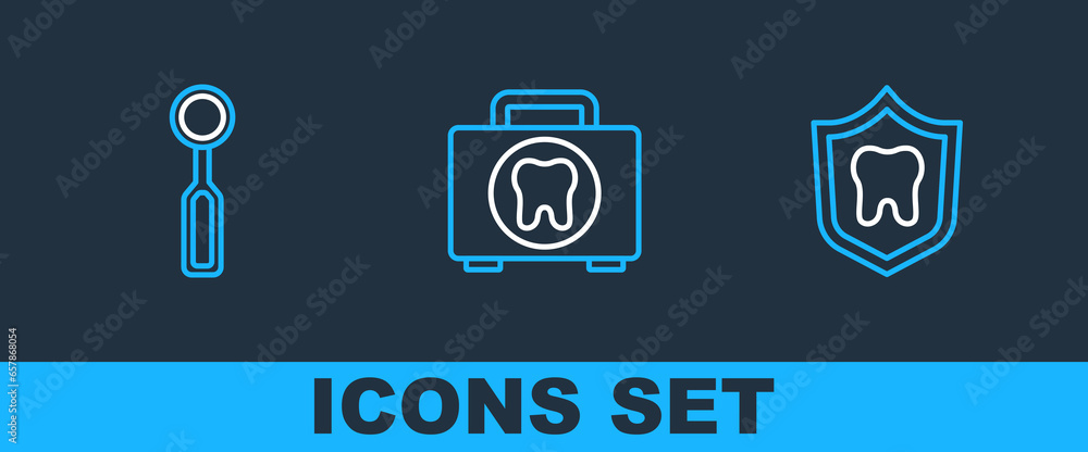 Sticker Set line Dental protection, inspection mirror and First aid kit icon. Vector