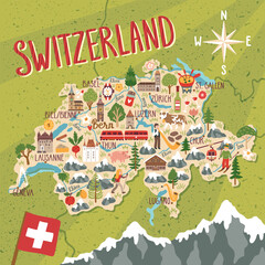 Vector stylized map of Switzerland. Travel illustration with swiss landmarks, nature, people, food and symbols.