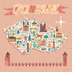 Vector stylized map of Czech Republic. Travel illustration with Czech landmarks, people, food and animals.