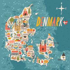 Vector stylized map of Denmark. Travel illustration with danish landmarks, people, food and animals.