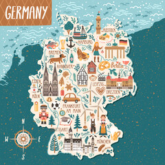 Vector stylized map of Germany. Travel illustration with german landmarks, people, food and animals.