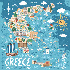 Vector stylized map of Greece. Travel illustration with greek landmarks, building, plants and traditional food.