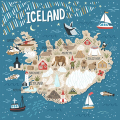 Vector stylized map of Iceland. Travel illustration with Iceland landmarks, people, animals and nature places