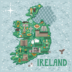 Vector stylized map of Ireland. Travel illustration with Irish castles, people, symbols, traditional food and drinks.