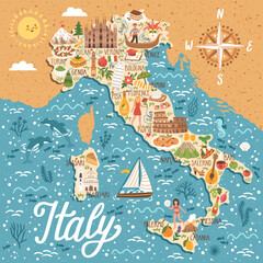 Vector stylized map of Italy. Travel illustration with italian landmarks, people, symbols and traditional food.