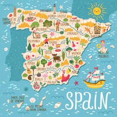 Vector stylized map of Spain. Travel illustration with spanish landmarks, people, food and plants.