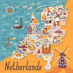 Vector stylized map of Netherlands. Travel illustration with dutch landmarks, people,traditional holland food. - obrazy, fototapety, plakaty