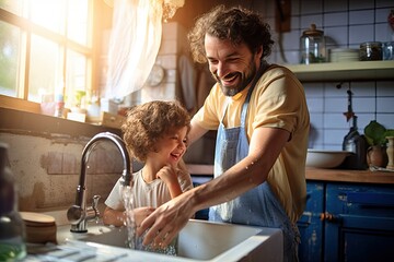 A happy family moment as a father and his child wash their hands together, emphasizing hygiene and togetherness. - obrazy, fototapety, plakaty