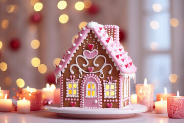 Obraz premium Close up of gingerbread house with pastel pink decorating, lights blurred backdrop. Festive and cozy Christmas background.