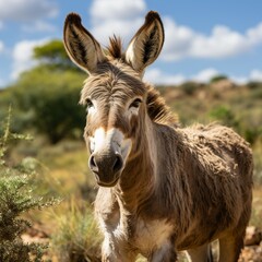 African Donkey close-up, the animal looks at the camera. Hot weather and an emaciated cloven-hoofed creature. Without people.