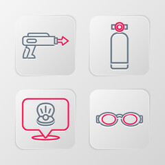 Set line Glasses for swimming, Scallop sea shell, Aqualung and Fishing harpoon icon. Vector