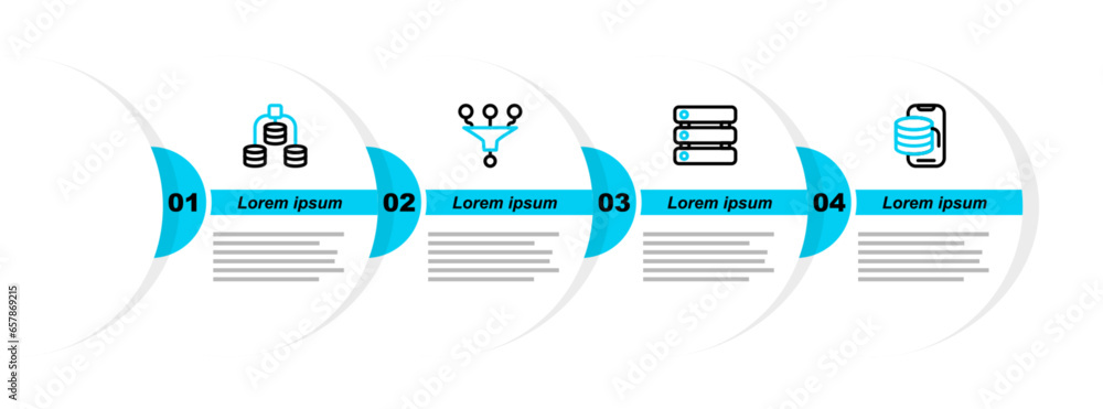 Poster set line cloud technology data transfer, server, data, funnel or filter and icon. vector