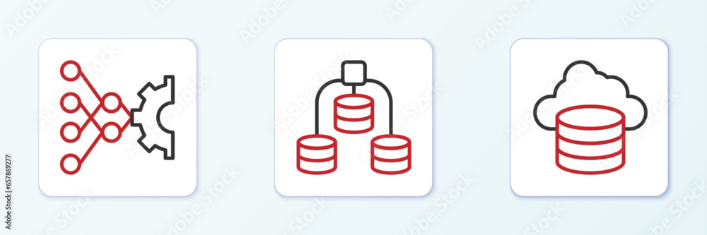 Aufkleber set line cloud database, neural network and server, data icon. vector