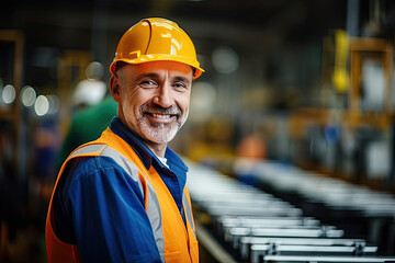 Fototapeta premium smiling engineer in a white hardhat thrives in the industrial setting, ensuring safety and success.