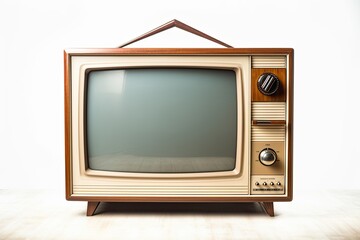 A vintage, retro television set with a dirty screen, wooden frame, and rabbit ear antennae, representing classic entertainment technology.
