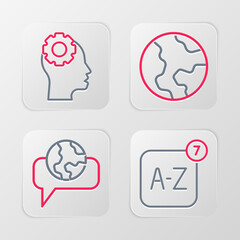 Set line Online translator, Learning foreign languages, Earth globe and Head with gear inside icon. Vector