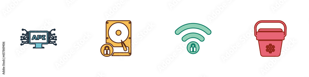 Poster set computer api interface, hard disk drive and lock, wifi locked and cooler bag icon. vector