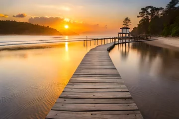 Photo sur Aluminium brossé Descente vers la plage A serene beach with a wooden boardwalk leading to the water, perfect for a sunset stroll.