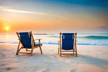 A pair of beach chairs on the shoreline, facing a vast expanse of sea and a clear blue sky.