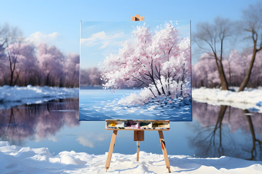Winter landscape paint on canvas at easel.