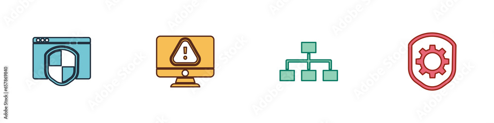 Poster set browser with shield, monitor exclamation mark, hierarchy organogram chart and shield settings ge