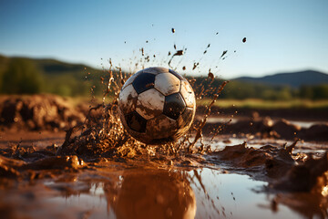 Soccer ball at mud football terrain. - obrazy, fototapety, plakaty