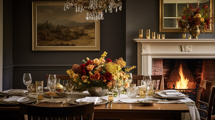 Dining room decor, interior design and autumn holiday celebration, elegant autumnal table decoration with candles and flowers, home decor and country cottage style