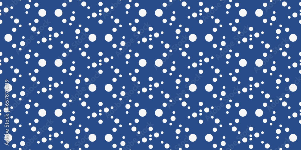 Poster Blue pattern with white dots. A geometric arrangement of dots of different sizes, creating a repeating pattern of dots.