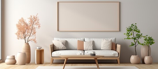 Cozy living room decor with a poster frame sofa coffee table rug wall rack and accessories