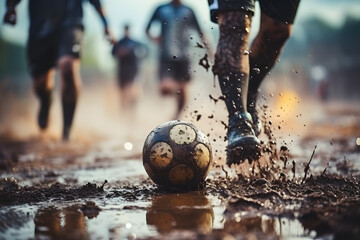  Soccer players legs shooting ball at muddy football field at stadium. - obrazy, fototapety, plakaty