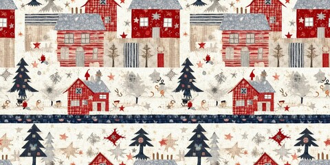 Obraz premium Rustic country christmas cottage with primitive hand sewing fabric effect. border. Cozy nostalgic shabby chic homespun ribbon trim with americana winter handmade crafts style edging.