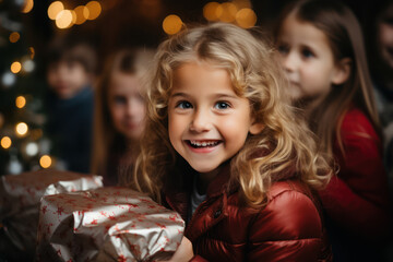 Obraz na płótnie Canvas A group of children eagerly unwrapping their Christmas presents with wide smiles and excitement. Concept of gift-giving during the holidays. Generative Ai.