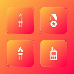 Set Military knife, reward medal, Torch flame and Walkie talkie icon. Vector