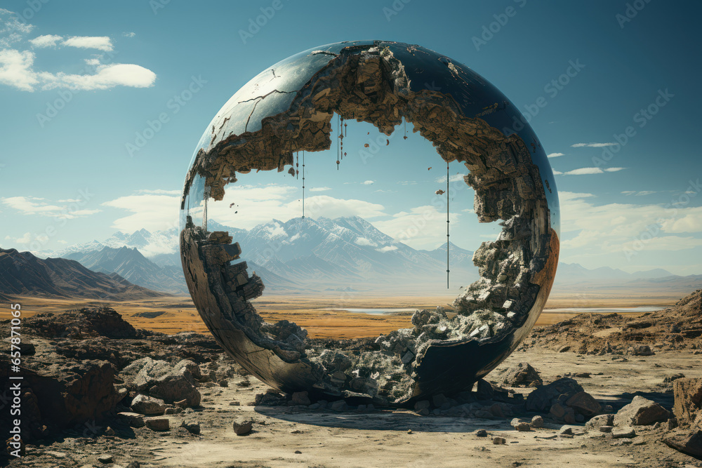 Poster a landscape where gravity pulls objects sideways instead of down. concept of gravitational anomalies