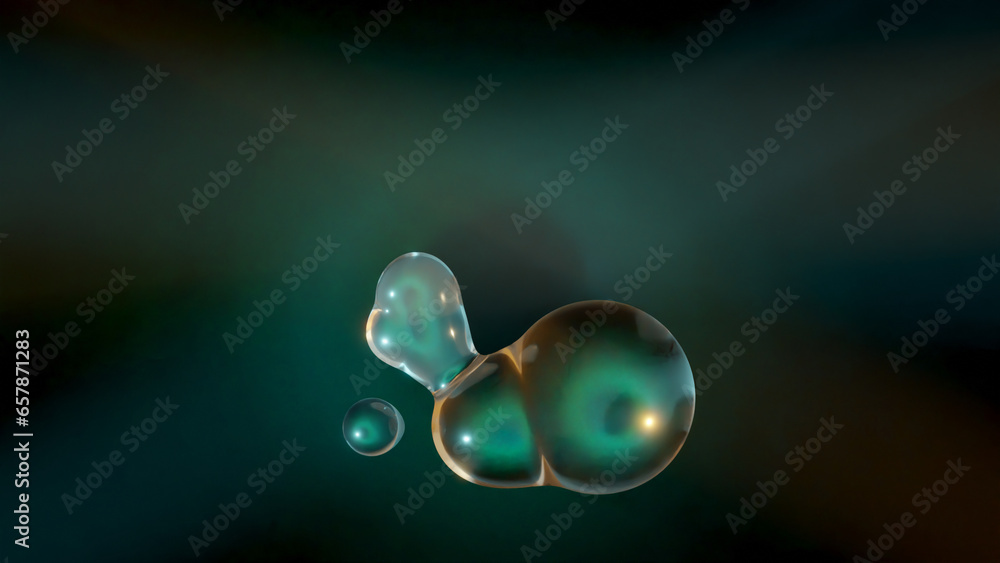 Poster 3d rendering. abstract 3d illustration of transparent liquid droplets in zero gravity. the drops mer