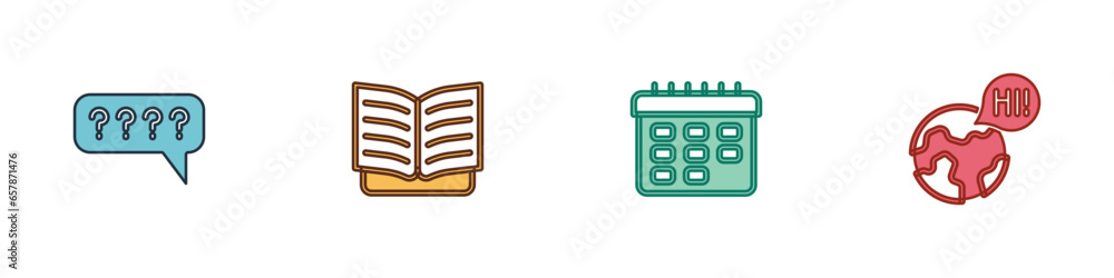 Poster set speech bubbles with question, open book, school timetable and learning foreign languages icon. v