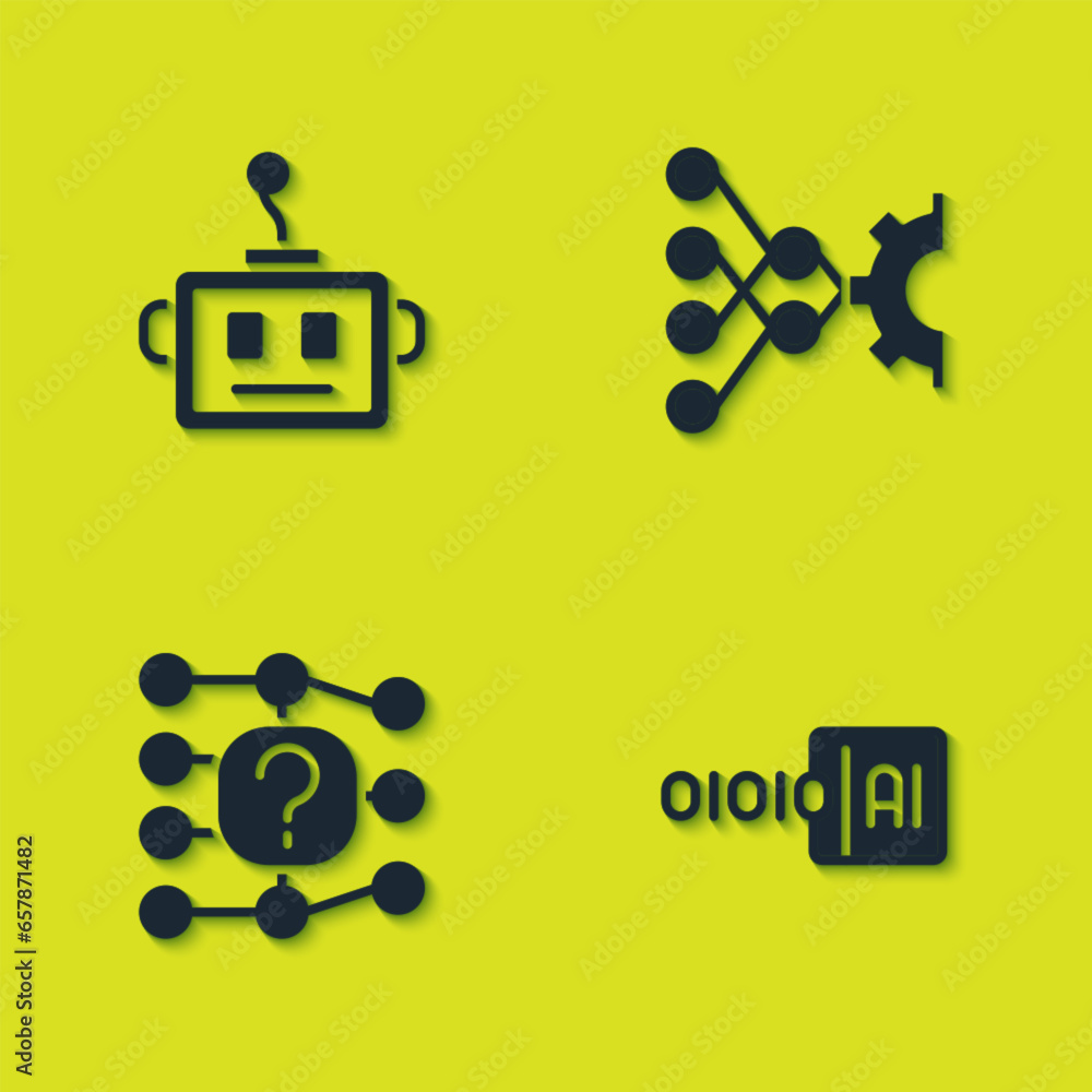 Poster set artificial intelligence robot, binary code, neural network and icon. vector