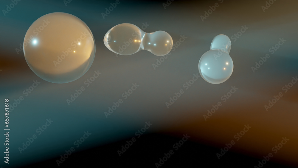 Poster 3d rendering. abstract 3d illustration of transparent liquid droplets in zero gravity. the drops mer