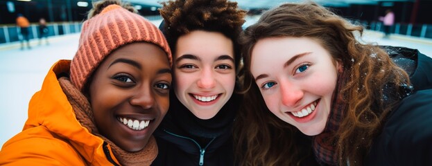 Self portrait of three girls friends having fun in their winter holidays
