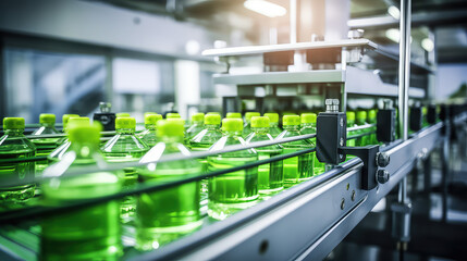 Beverage Manufacturing Conveyor. Food production, atomization, bottled beverage production. Belt or line in drinks with automated industrial machinery equipment, Bottling plant, green bottles.